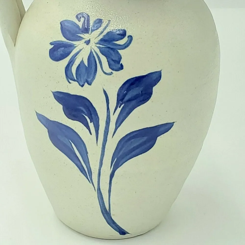 Williamsburg Pottery Country Style Pitcher Vase Cobalt Blue Flowers Stamped VTG